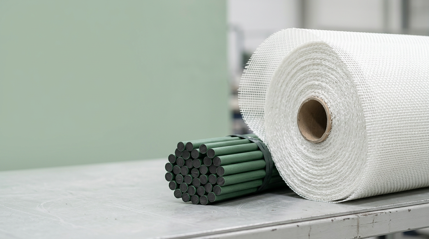 Rollo de malla de fibra de vidrio y perfiles PRFV en entorno industrial